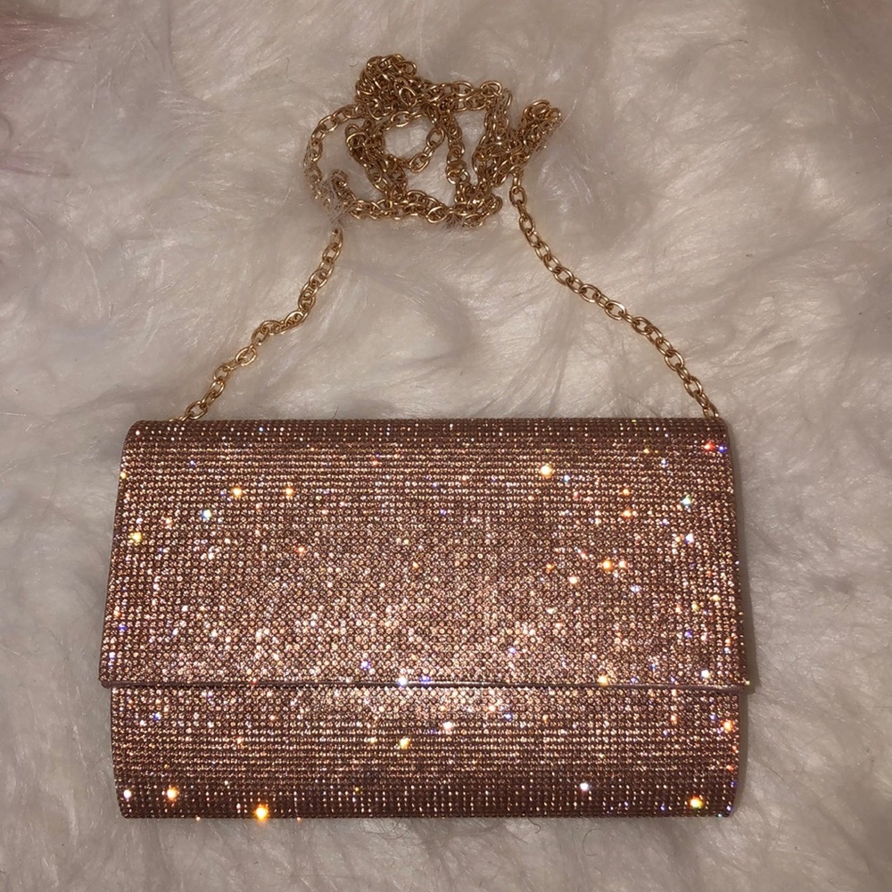 Rose Gold Glitter Clutch Purse W/Strap Chain✨